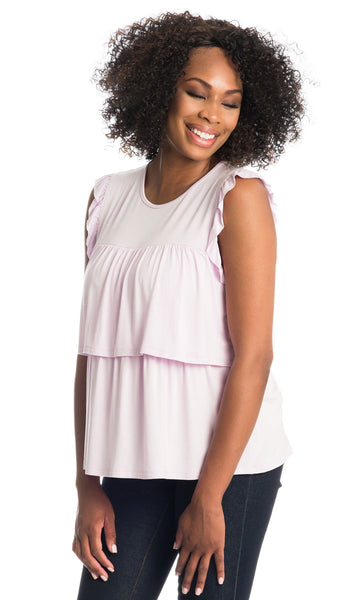 Lavender Valentina  top worn by woman as non-maternity style with dark denim.