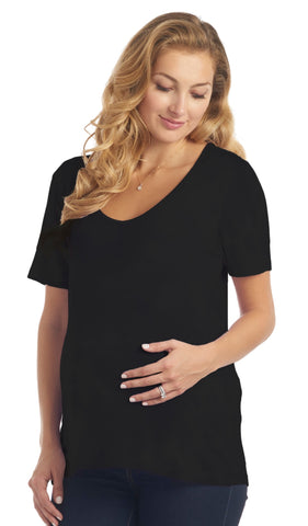Black Solid Erika tee worn by pregnant woman with one hand on her belly.