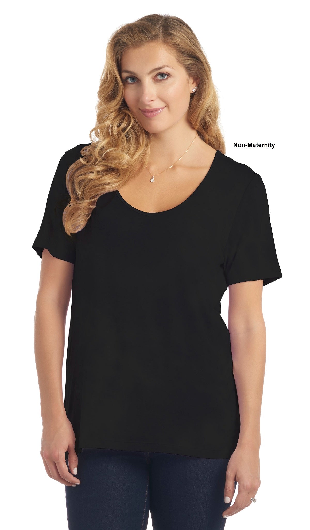 Black Solid Erika tee worn by woman as non-maternity style.